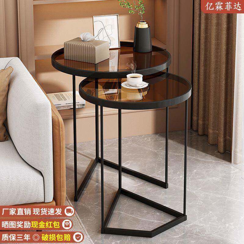 阳台小桌子家用轻奢小圆桌小茶几客厅沙发边几钢化玻璃边柜角几