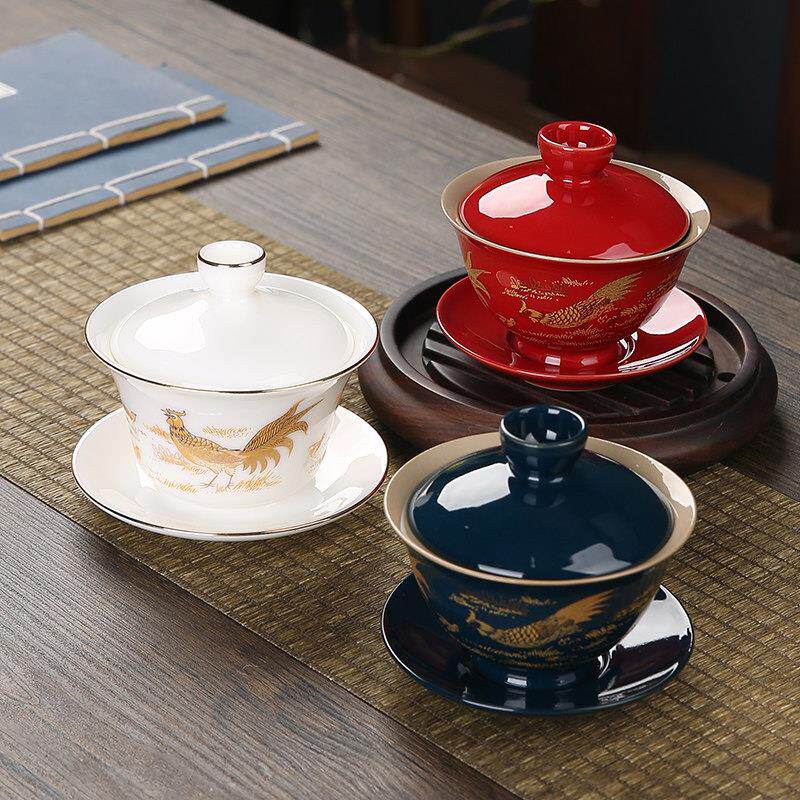 霁蓝釉三才盖碗鸡缸杯茶杯景德镇手工描金珐瑯彩陶瓷功夫茶具茶碗