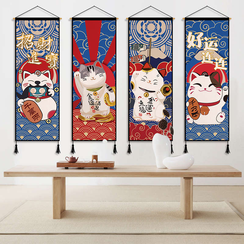 日式布艺招财挂画挂毯布画壁毯客厅玄关餐厅背景装饰卧室床头挂布图片
