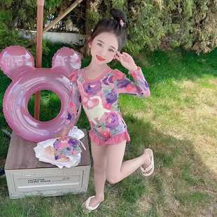 防晒甜美速干泳装 女童连体式 女宝洋气长袖 泳衣夏装 海边度假风 新款
