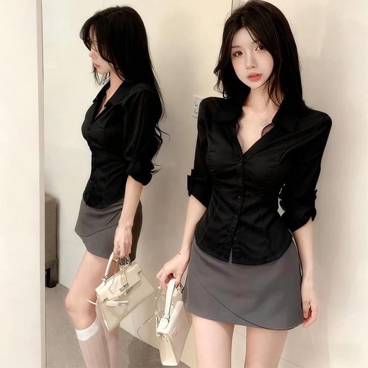 白衬衫职业装女套装修身显瘦气质黑色包臀裙性感秘书纯欲制服