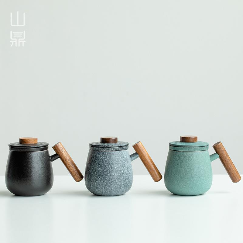 山鼎陶瓷马克杯带盖过滤办公室泡茶杯大肚杯个人专用杯茶水分离杯