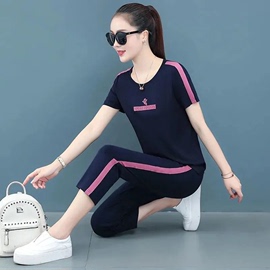 休闲运动服套装女夏季韩版宽松大码跑步短袖七分裤两件套时尚