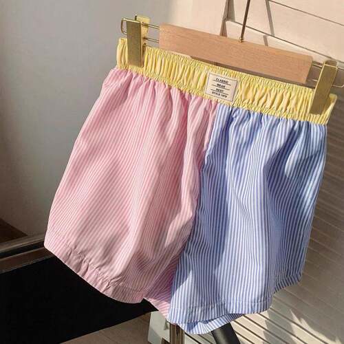 Women's Patchwork & Striped Print Elastic Waist Shorts