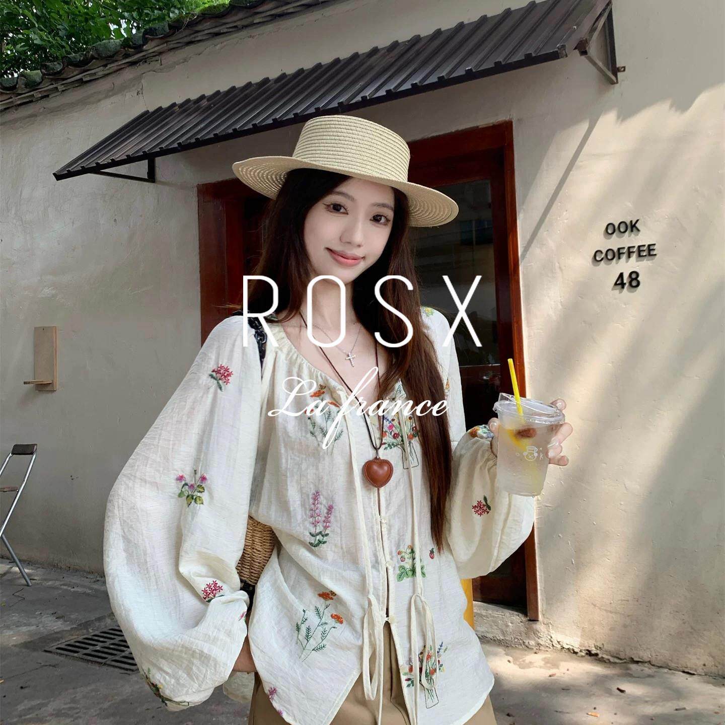 ROSX法式复古刺绣灯笼袖衬衫卡其色短裙套装女春夏甜美减龄两件套