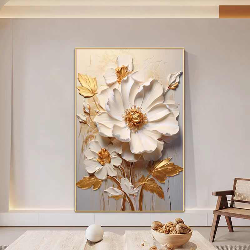 奶油风玄关装饰温馨花朵客厅竖版壁画正对门入户走廊花卉晶瓷挂画图片