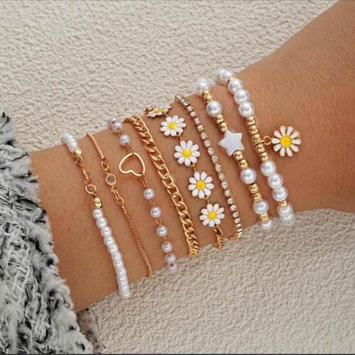 Pearl Bracelet 8-Piece Set for Women雏菊珍珠手錬8件套装女