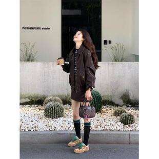 rouje bonjour复古棕色皮衣外套女高级感做旧机车服短款夹克上衣