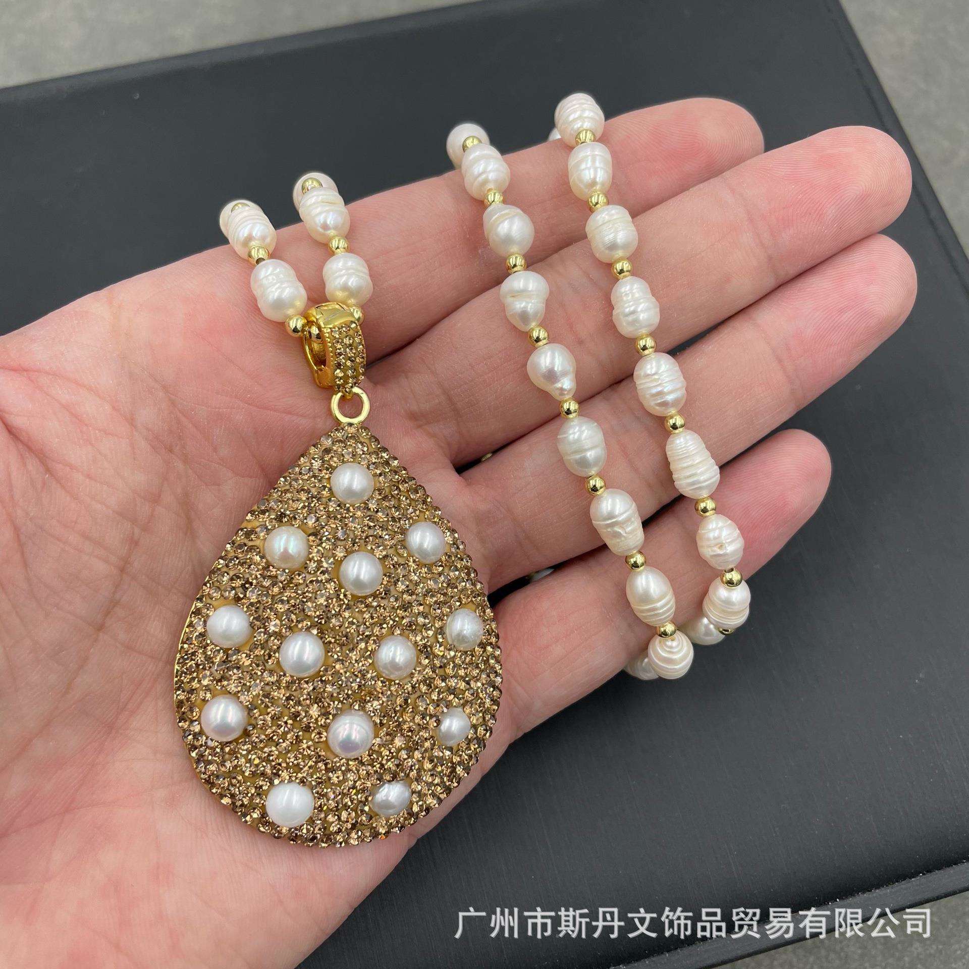 新款天然淡水珍珠套装 个性时尚捷克钻轻奢风 镶嵌三件套厂家直销
