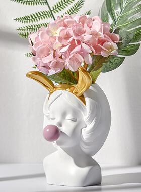 北欧花盆家用插花树脂摆件兔耳人像花瓶创意家居桌面玄关装饰礼品