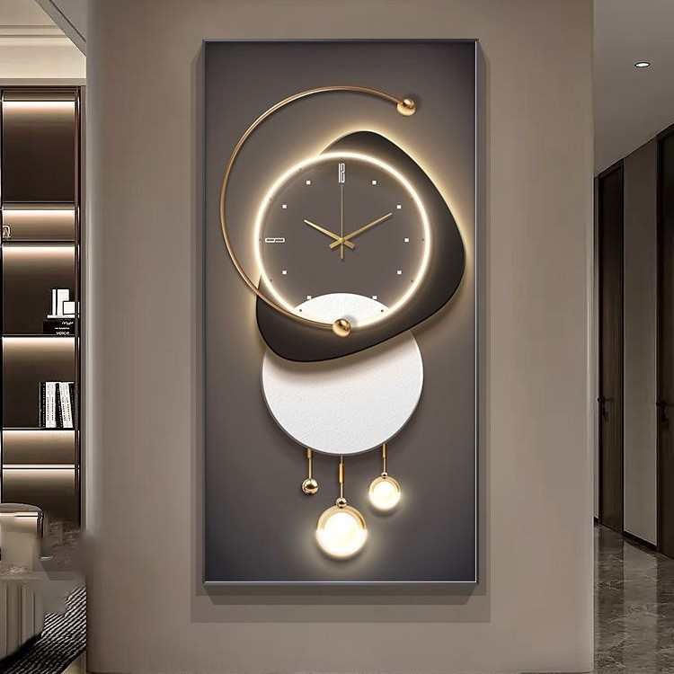 现代简约九鱼图玄关装饰画钟表挂钟客厅走廊过道挂画创意时钟壁灯