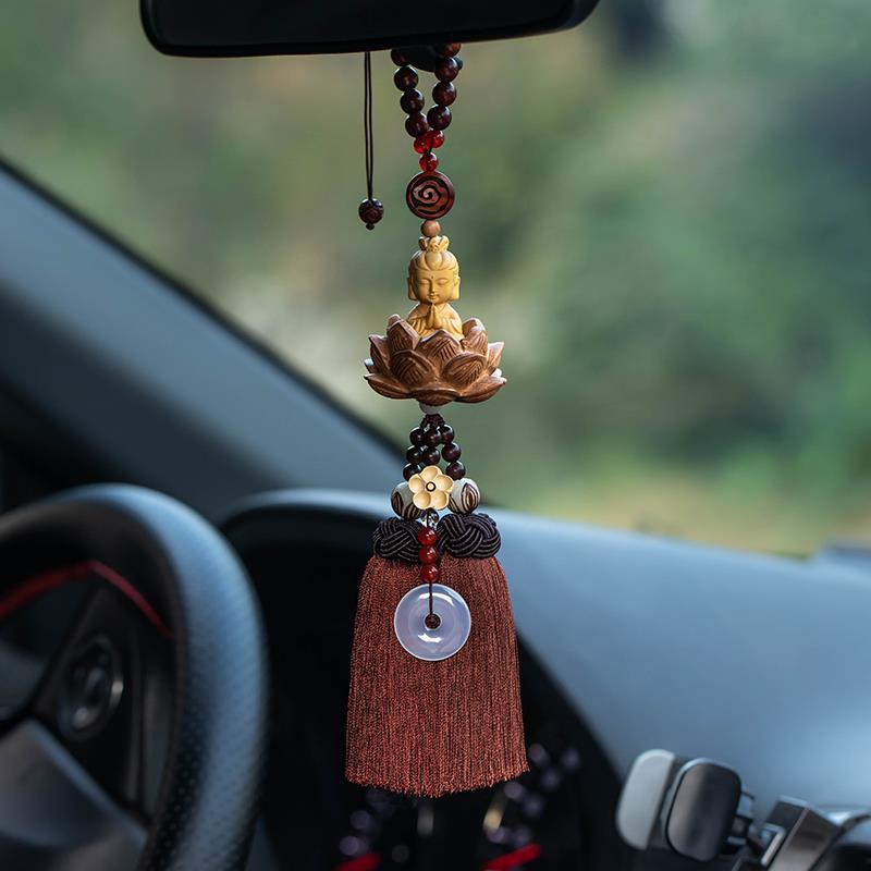 正品黄朴房杨木小后佛平安汽车挂件饰车内吊饰高档车载挂桃木照镜