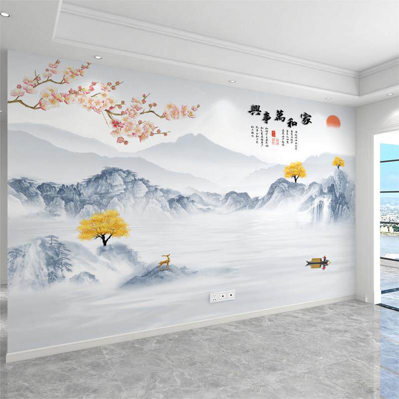 新中式山水电视背景墙壁布3d立体客厅影视墙纸新款8d壁纸定制壁画