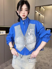 RR fashion 外套女2024夏季牛仔拼接假两件立领长袖拉链上衣