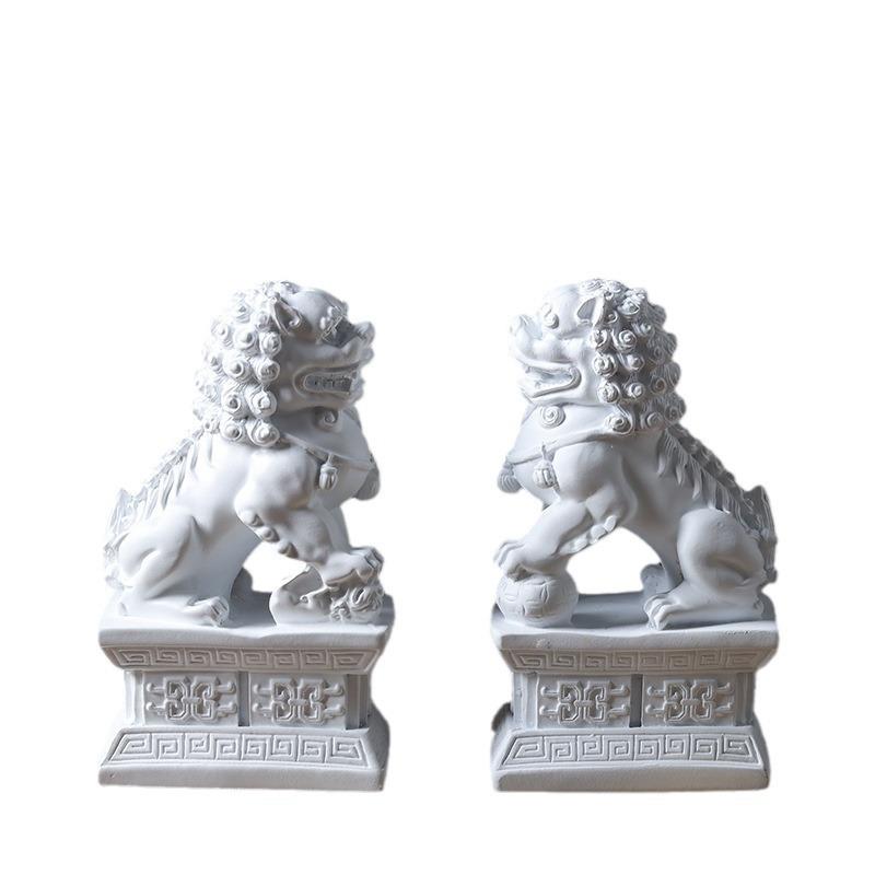 白色树脂狮子摆件新中式禅意书档书房书柜玄关电视柜饰品