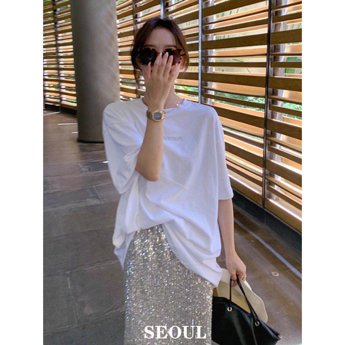 SEOUL喵/白色T恤女夏季短袖宽松2026新款纯棉银色亮片半身裙套装