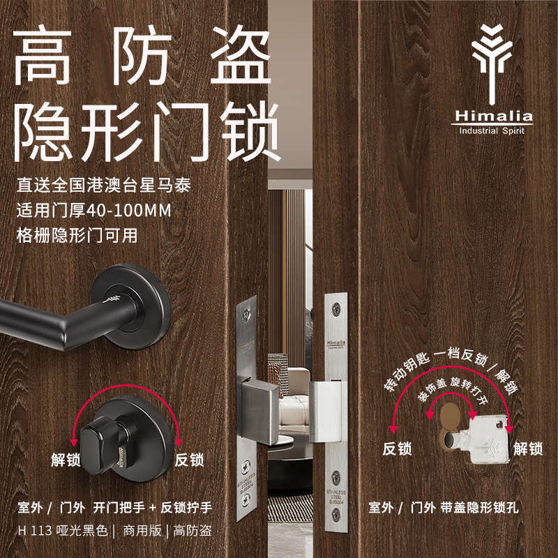 vzoo隐形门锁玫瑰金色双面带钥匙暗锁黑色密室锁把手卧室暗装锁