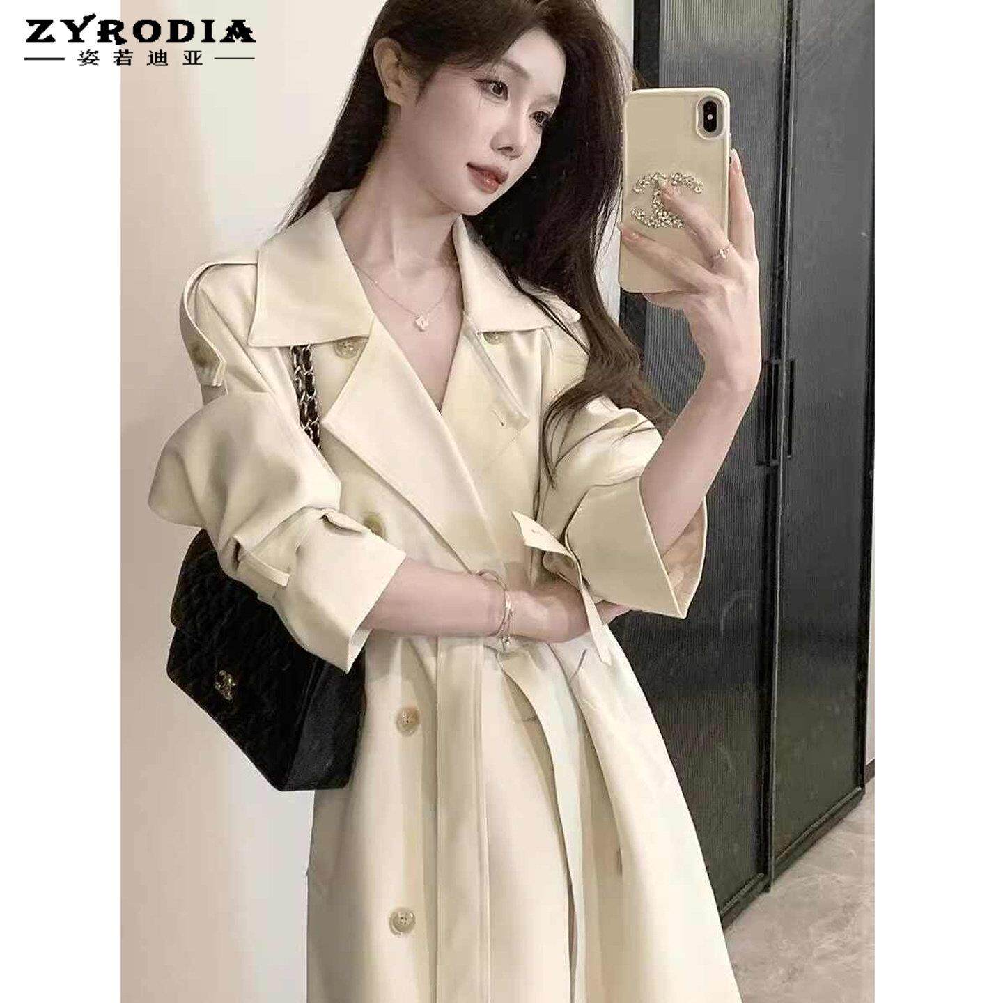 ZYRODIA米白风衣外套女2025春秋季新款中长款韩系气质小个子大衣