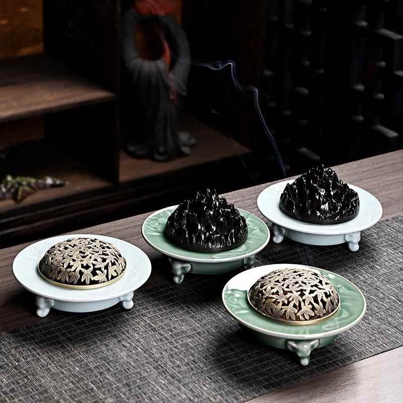 青瓷荷韵富山三足香熏炉客厅办公室内茶桌摆件复古创意茶具配件批