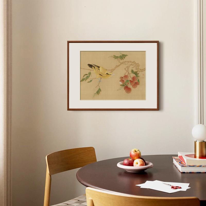 新中式玄关斗柜摆画花鸟荔枝原木风餐厅墙画石榴葡萄中古风装饰画