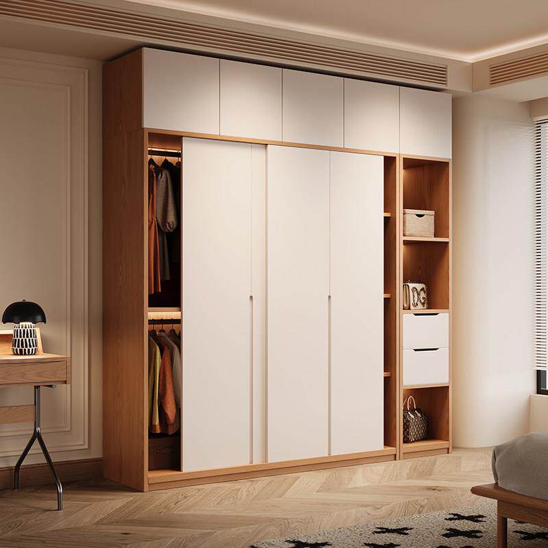 橡木拉门衣柜家用卧室北欧原木风小户型全实木柜子趟门大衣橱