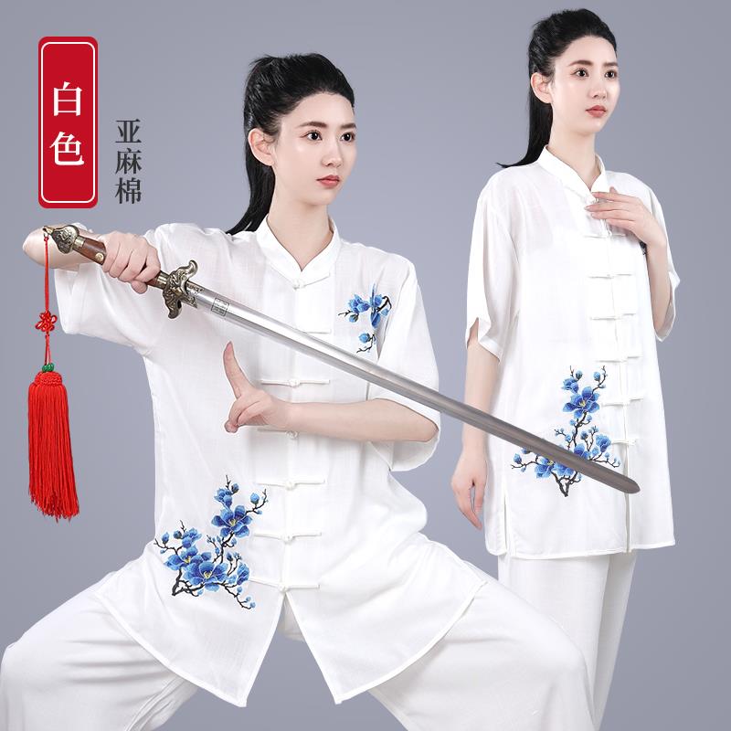 高档短袖新侧兜夏季女士太极拳服亚练麻棉绣花练功款武术晨套表演