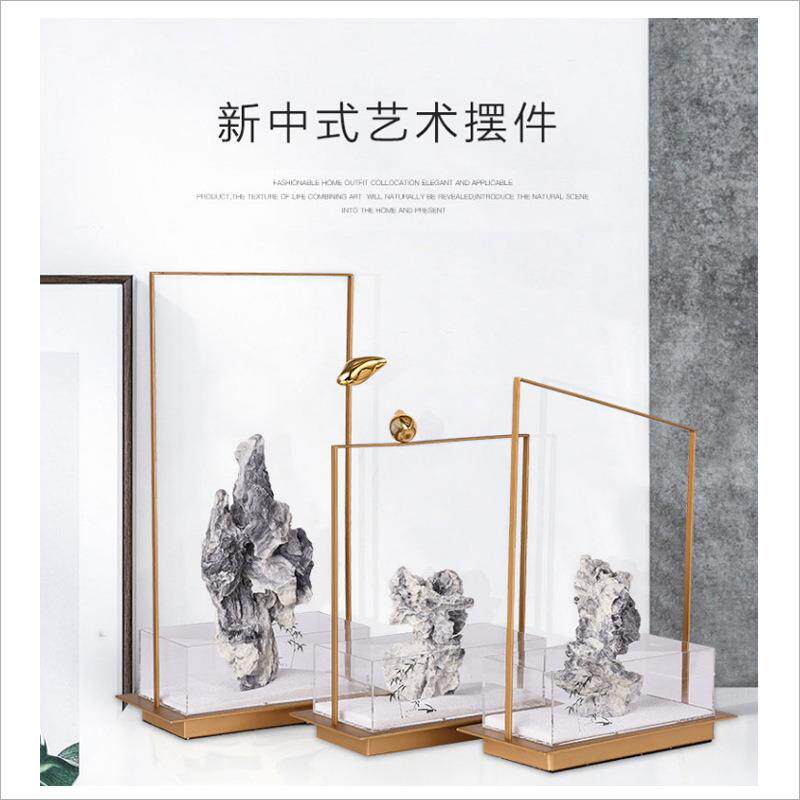 现代新中式铁艺铜鸟亚克力石山客厅卧室样板间售楼部玄关装饰摆件