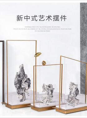 现代新中式铁艺铜鸟亚克力石山客厅卧室样板间售楼部玄关装饰摆件
