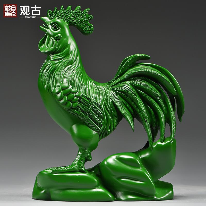 绿色实木雕刻鸡摆件十二生肖纯木头公鸡客厅电视柜装饰工艺品送礼