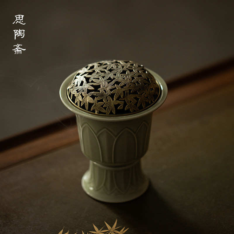 越窑青瓷高脚莲升盘香炉仿古陶瓷家用室内香薰炉茶道功夫茶具配件
