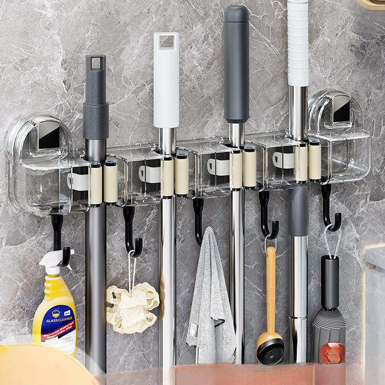 创意拖把夹壁挂卫生间拖布夹简约浴室吸盘长条联排挂钩收纳置物架