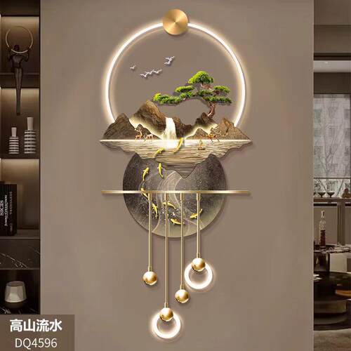 高山流水玄关装饰画山水高档立体LED壁灯新中式入户走廊过道挂画