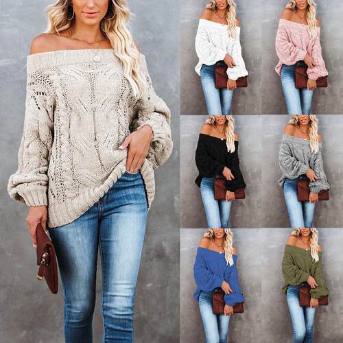 Women'S Solid Off Shoulder Cable Knit Sweater Casual Long