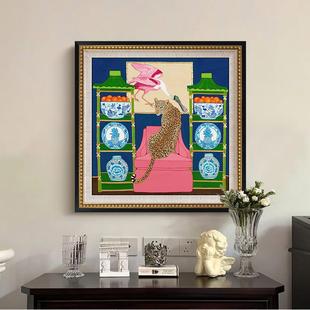 中国风青花瓷豹子挂画美式 饰画中古风壁画A201 复古小众艺术客厅装