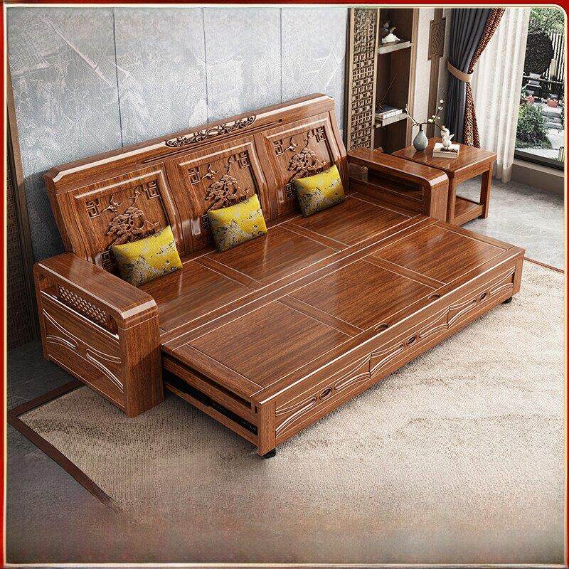 金丝胡桃木沙发床全实木小户型一体两用客厅三人木质可折叠沙发床