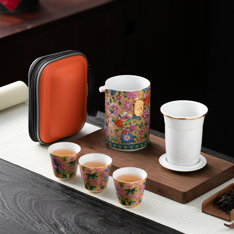珐琅彩便携式旅行茶具小套装户外简易泡茶壶茶杯国潮风露营快客杯