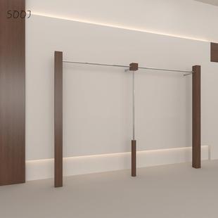 服装店展示架仿胡桃木纹上墙女装店货架不锈钢陈列架落地式挂衣杆