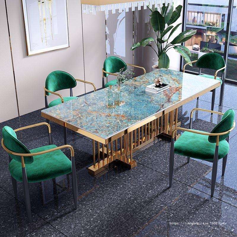 轻奢岩板餐桌椅组合高端餐厅家用小户型餐桌亚马逊绿色吃饭桌子
