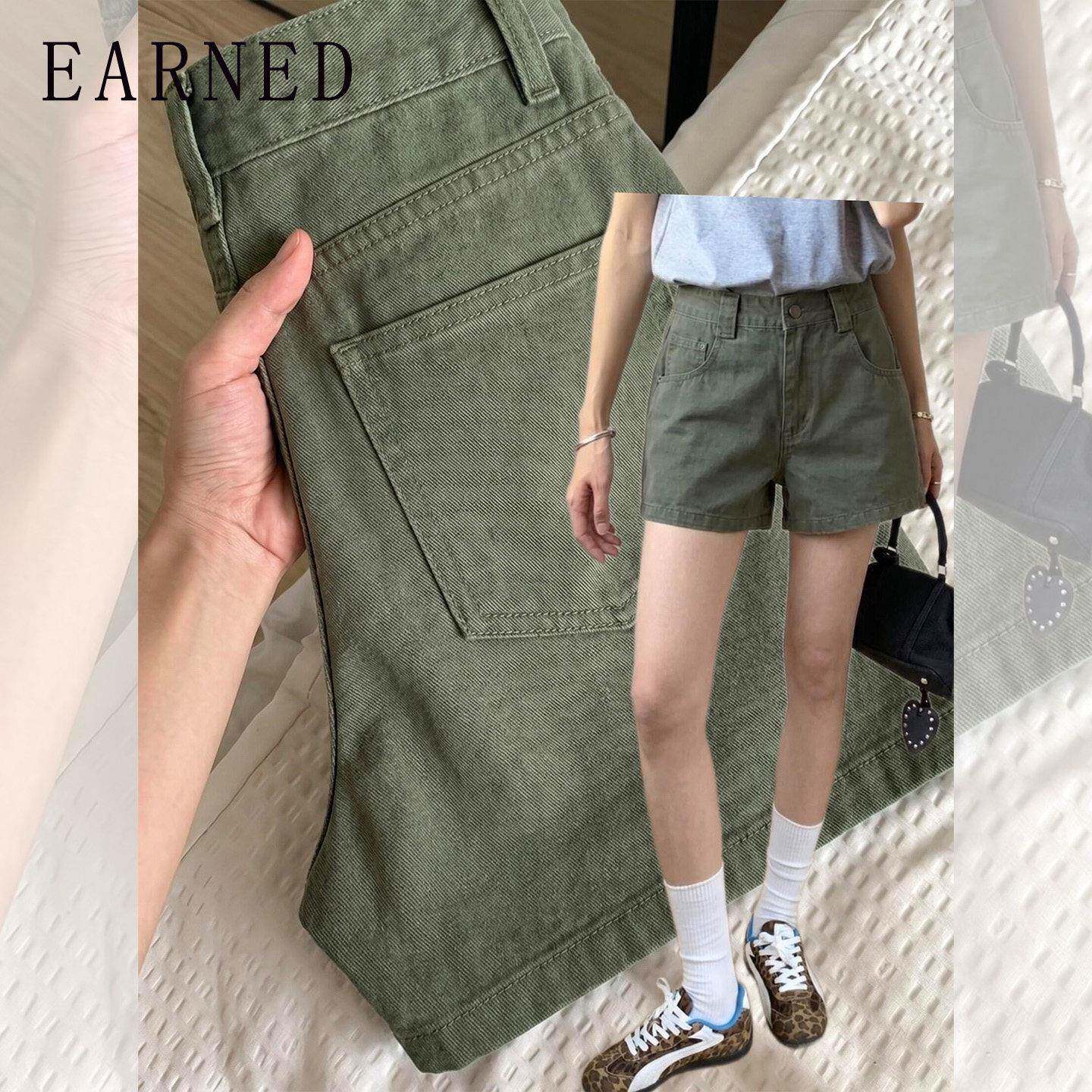 EARNED 自留款推荐~军绿工装牛仔短裤女夏季新款高腰直筒阔腿热裤