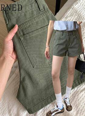 EARNED 自留款推荐~军绿工装牛仔短裤女夏季新款高腰直筒阔腿热裤
