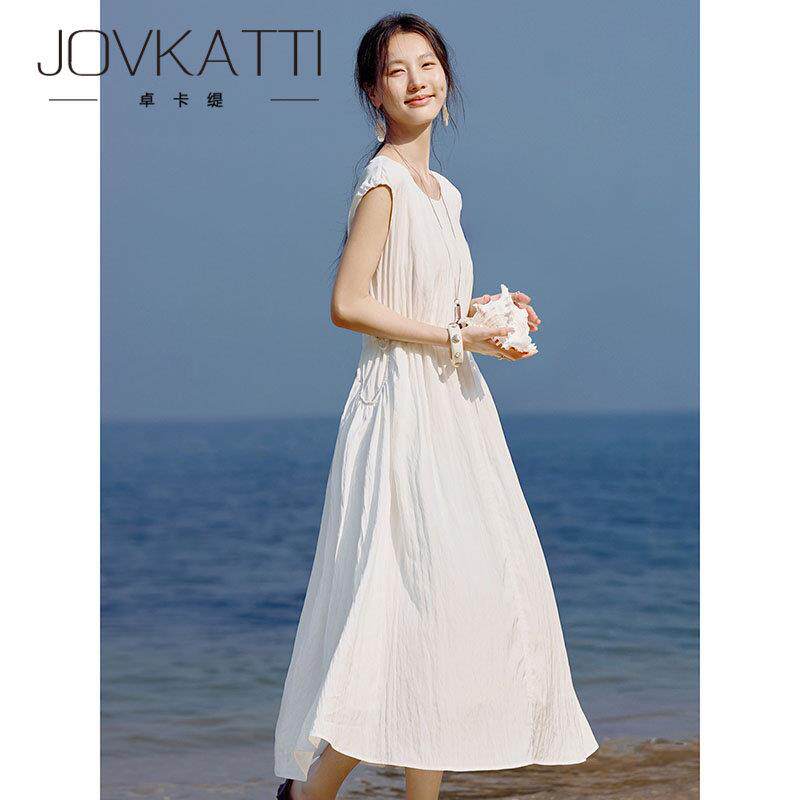 JOVKATTI春季新款气质莫代尔白色无袖连衣裙收腰显瘦圆领A字长裙