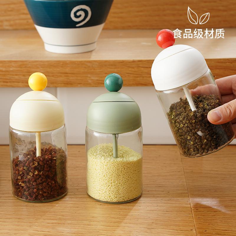 厨房勺盖一体调料瓶密封防潮玻璃调料罐开口斜插式调味瓶盐罐子