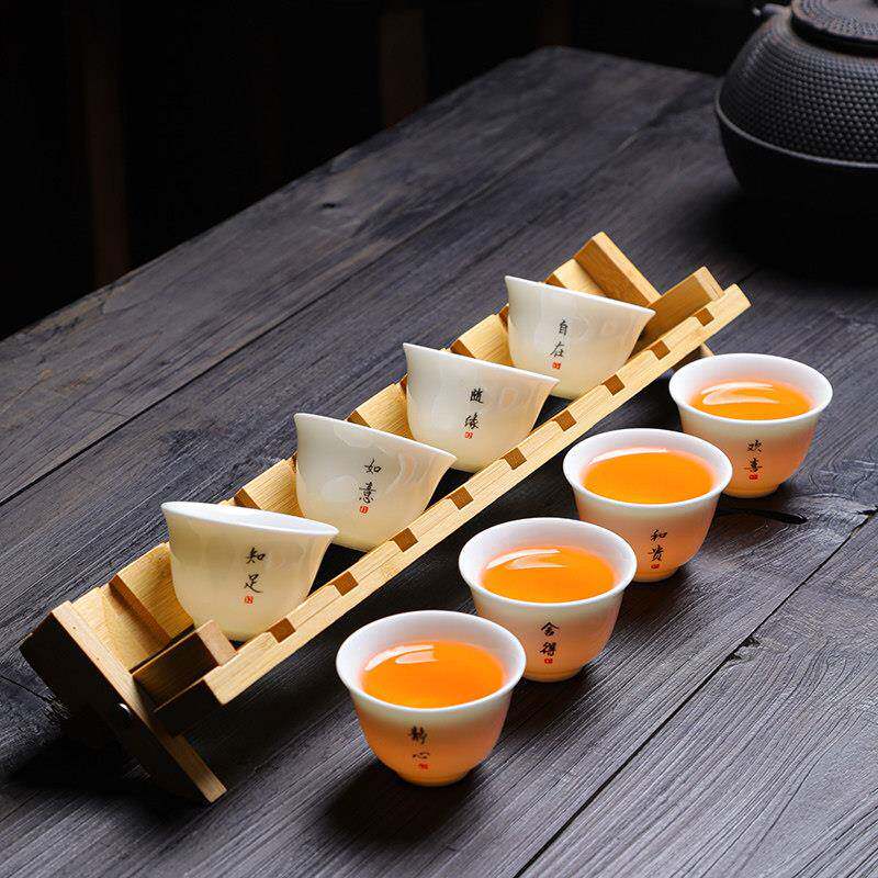 手写字陶瓷功夫茶杯套装带杯架德化白瓷品茗杯中式喝茶碗家用待客