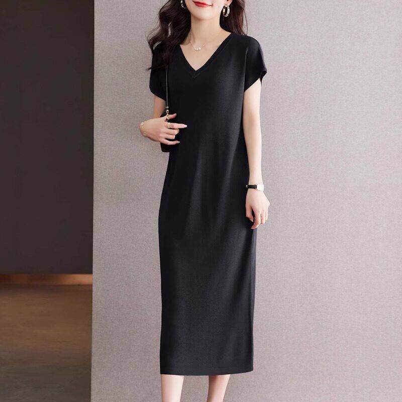 黑色V领冰丝针织洋装女2025夏季新款气质宽松大尺码时尚休闲 长裙