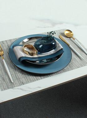 蓝色皮革不锈钢盘轻奢样板间餐具摆件软装展厅样板房餐桌摆台