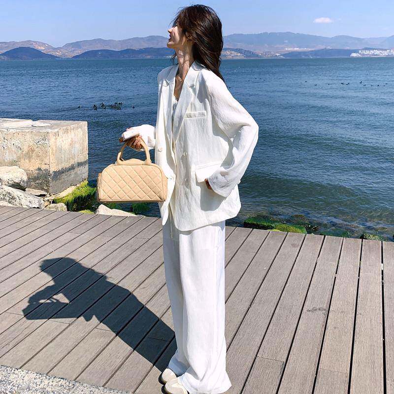 韩版西装套装女2026春秋新款高级感白色亚麻直筒阔腿裤西服两件套