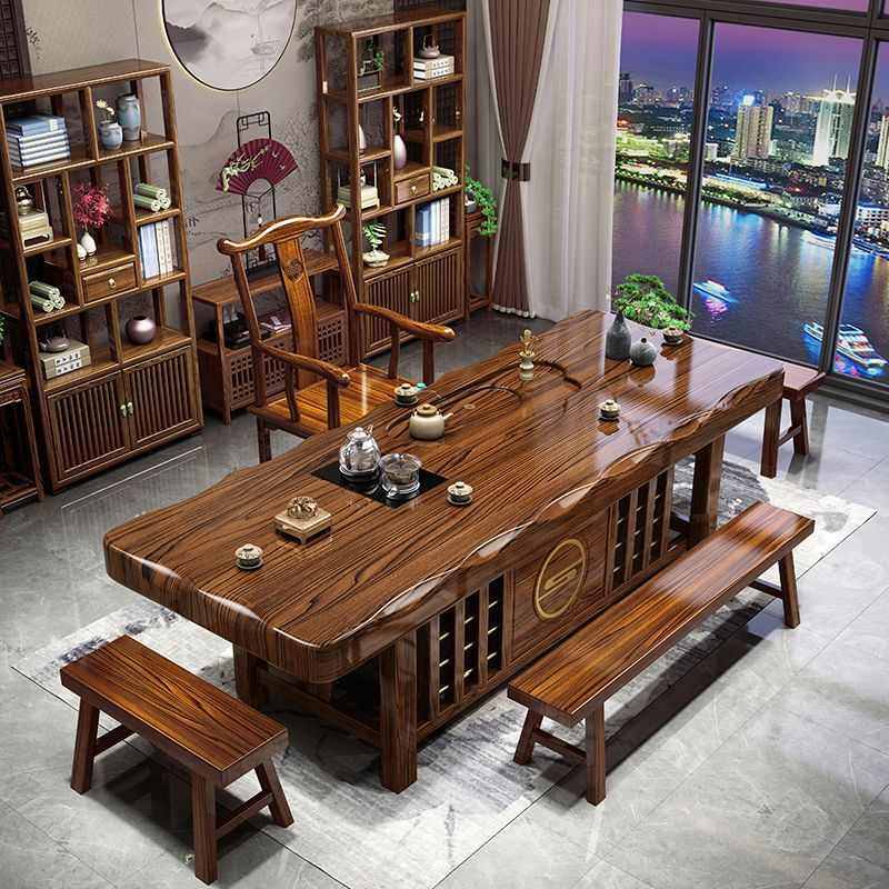 实木大板茶桌桌椅组合一桌五椅中式家用茶台办公室茶几泡茶一体