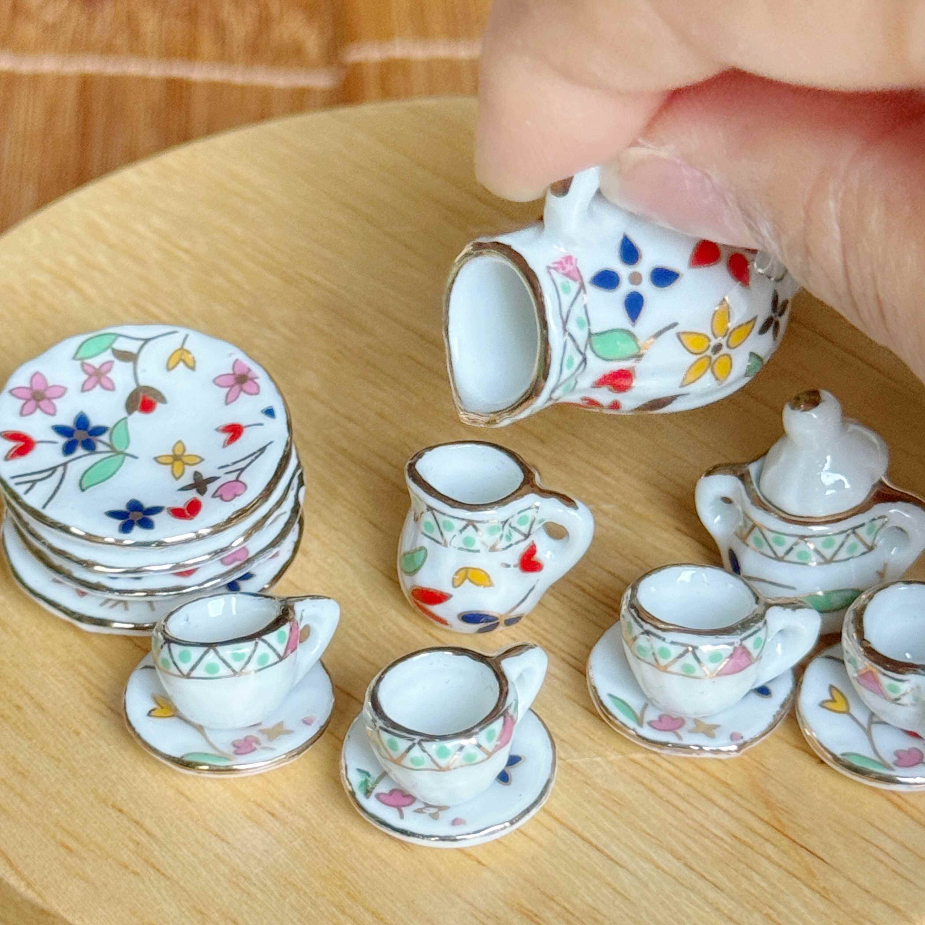 微缩食玩陶瓷茶具茶壶杯迷你模型1::12分\娃娃屋摆件茶壶茶杯套装