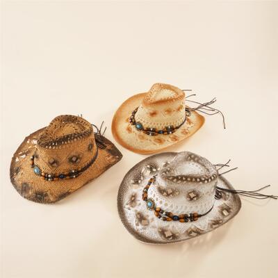 Straw woven bead tassel decoration, large brimmed hat,