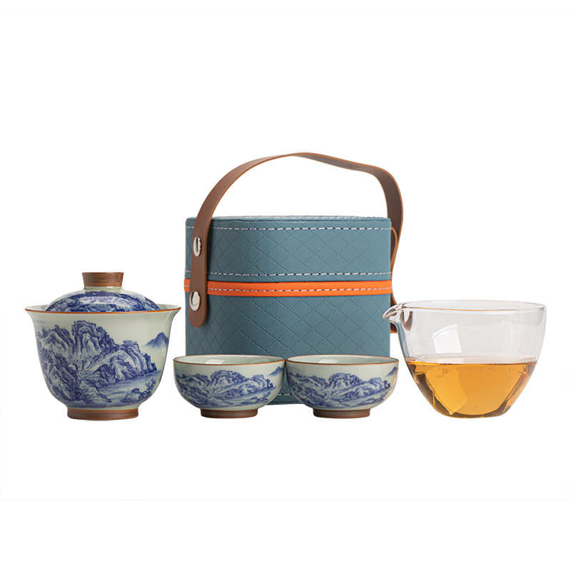 旅行茶具套装一壶两杯青花山水户外随身功夫茶具便携式盖碗快客杯